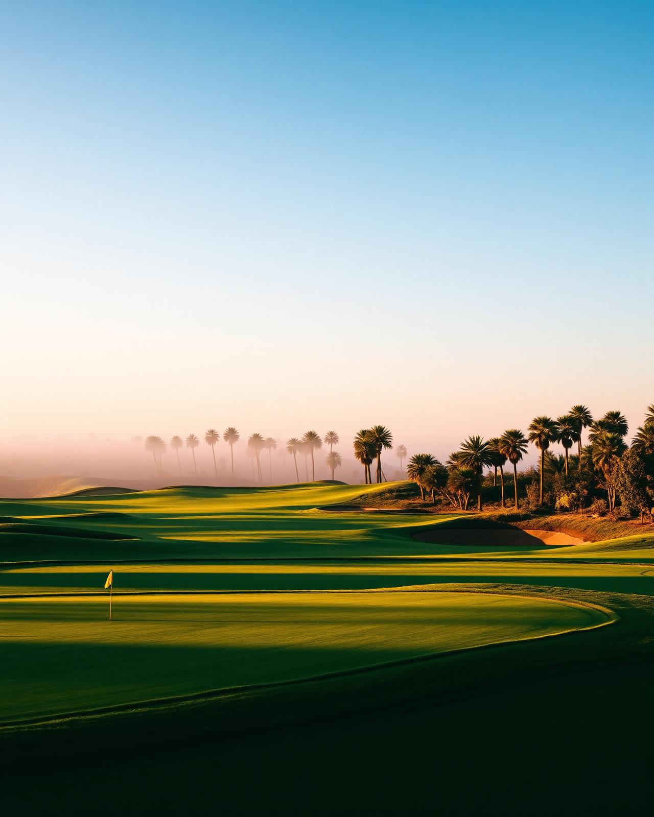 Luxurious golf fairway at golden hour with palm trees