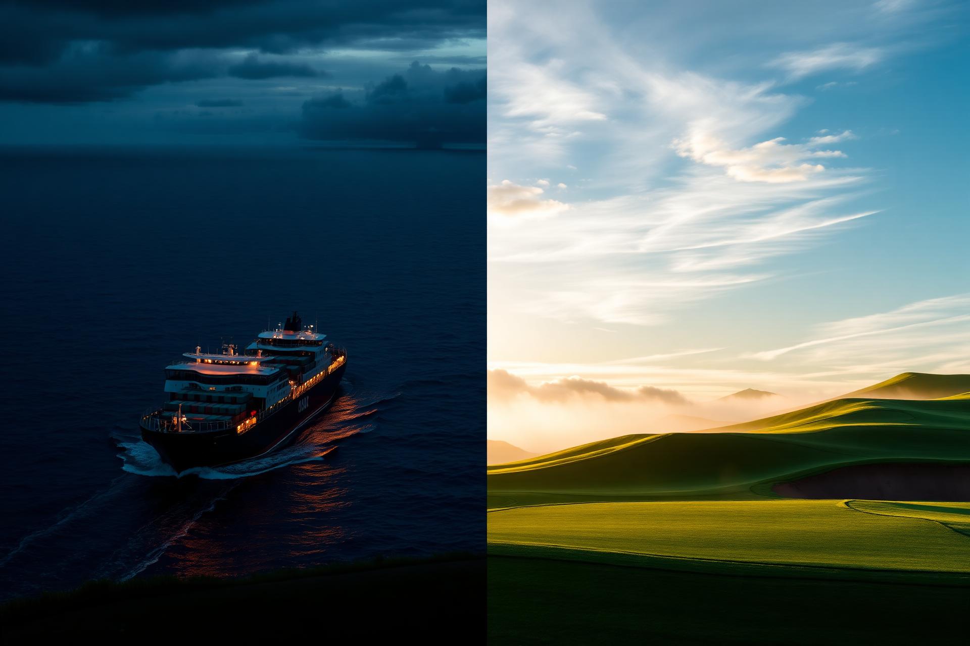 Cargo vessel at dusk meeting a luxury fairway at golden hour